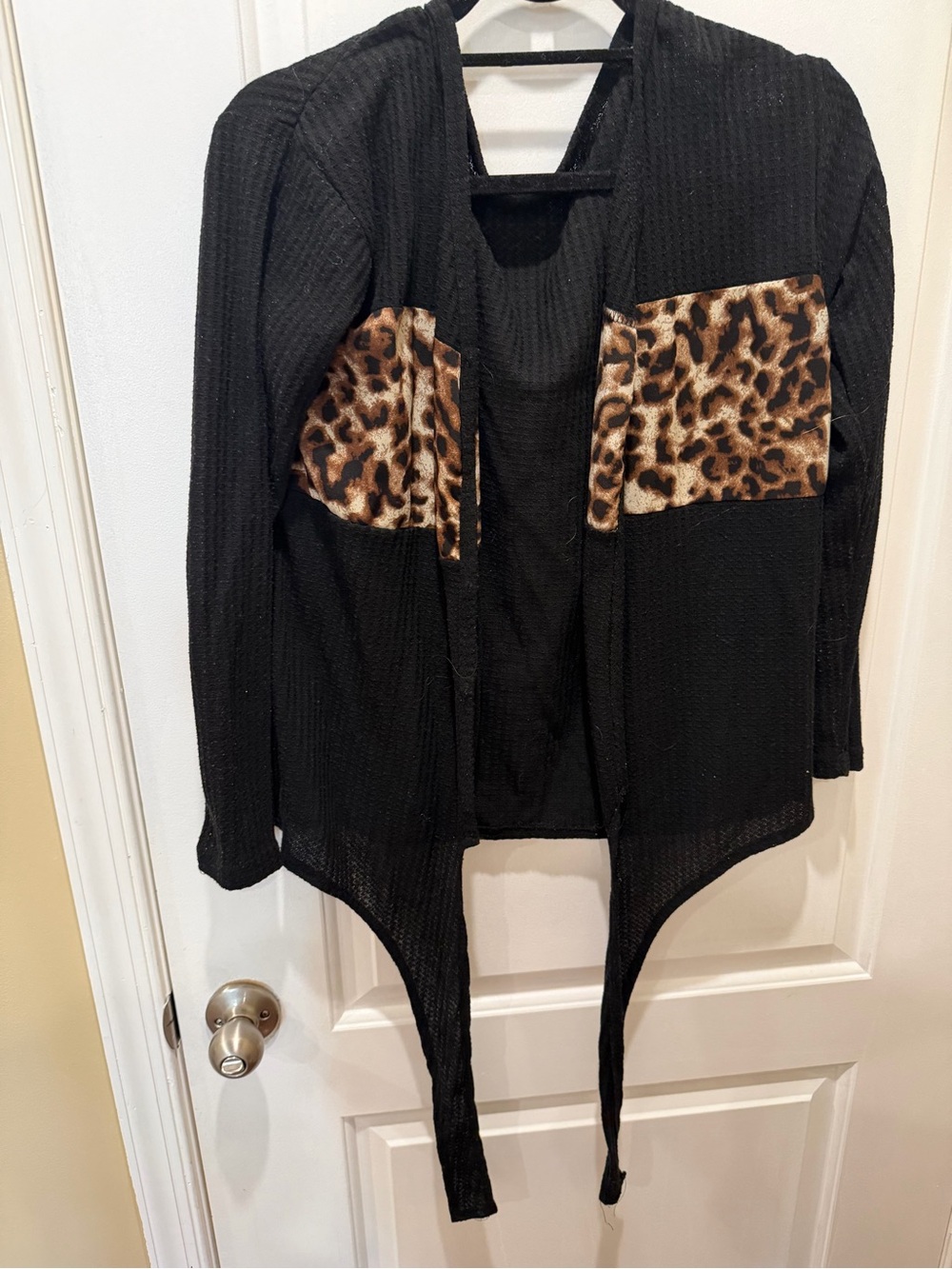 SHEIN Black Open-Front Cardigan with Leopard Patch Pockets